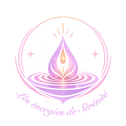 Logo spirituel et énergétique représentant une goutte sacrée rose et violette entourée d’un cercle lumineux, symbole de sérénité, d’harmonie et de bien-être énergétique – Les énergies de Sérénité